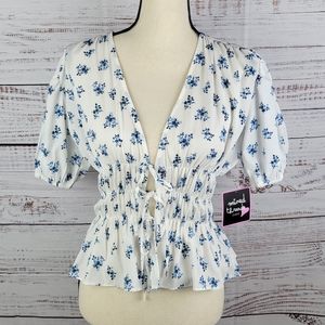 Mixed Threads White Whit Blue Flowers Front Tie Cropped Blouse Size Small NWT